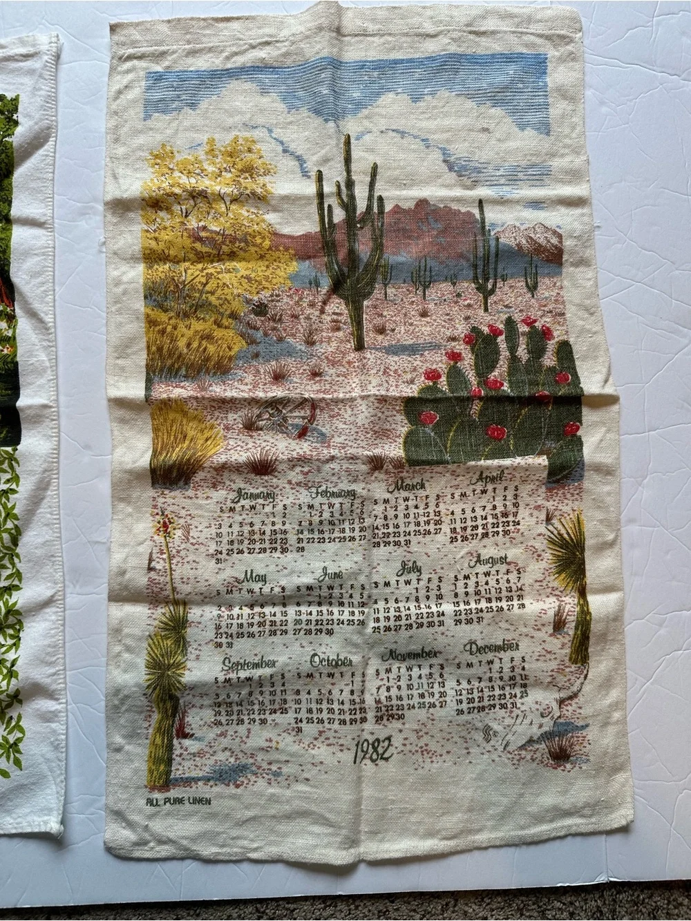Vintage Lot Of 2 Hanging 1980’s Calendar Tea Towels 1980 & 1982 Bridge Desert